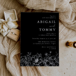 Invitation En Aluminium Mariage Moderne Noir Floral Luxueux Argenté Feuill