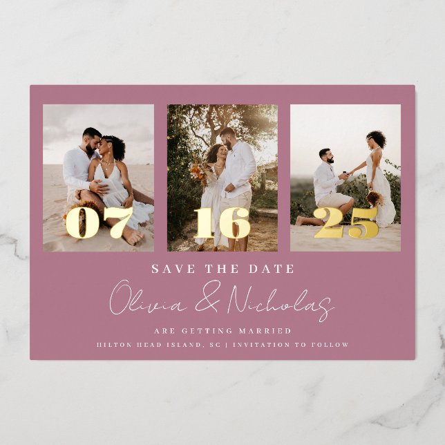 Invitation En Aluminium Mariage Moderne Photo Collage Mauve Enregistrer La (Recto)