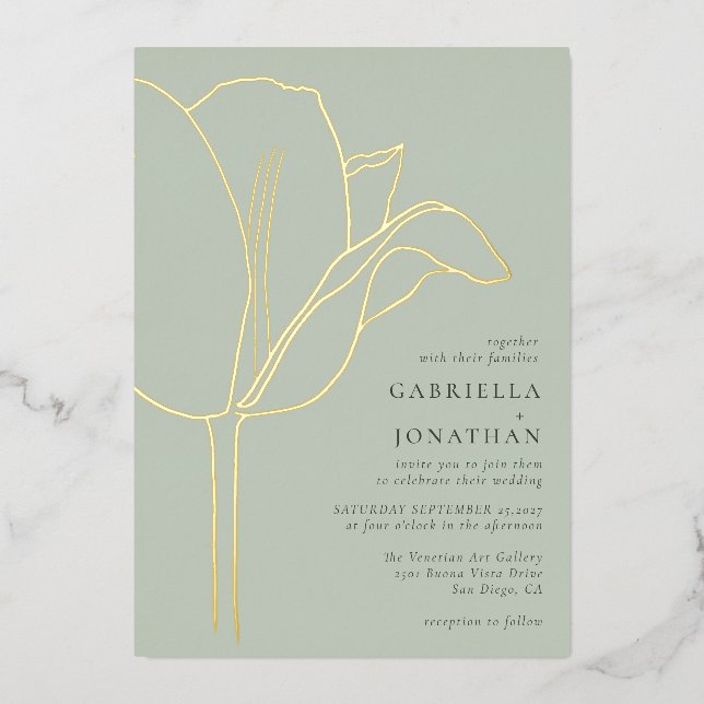 Invitation En Aluminium Mariage moderne Sage Green Gold Tulip (Recto)