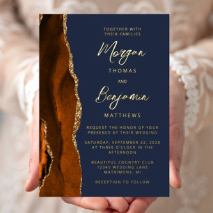 Invitation En Aluminium Mariage Moderne Script Bleu Marine Agate Orange Br