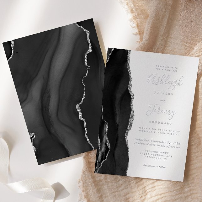 Invitation En Aluminium Mariage moderne Silver Black Agate (Créateur téléchargé)