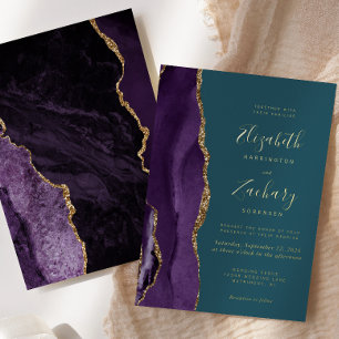 Invitation En Aluminium Mariage Moderne Turquoise Agate Or Pourpre