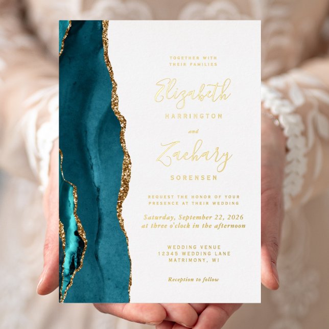 Invitation En Aluminium Mariage moderne Turquoise Blue Gold Agate (Créateur téléchargé)