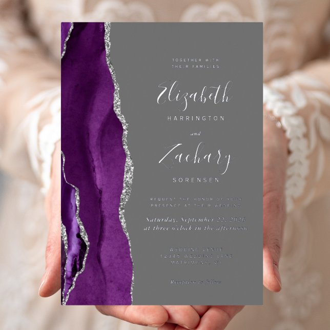 Invitation En Aluminium Mariage moderne violet argenté gris (Créateur téléchargé)