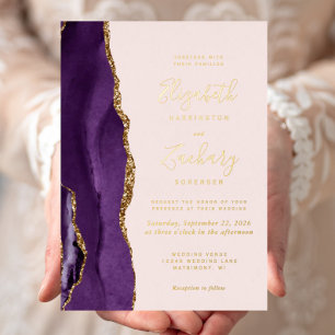 Invitation En Aluminium Mariage moderne violet doré Agate doré