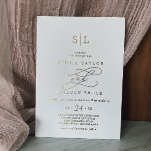 Invitation En Aluminium Mariage Monogramme Calligraphié à Feuille d'Or Rom