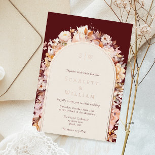 Invitation En Aluminium Mariage monogramme d'automne floral burgundy en fe