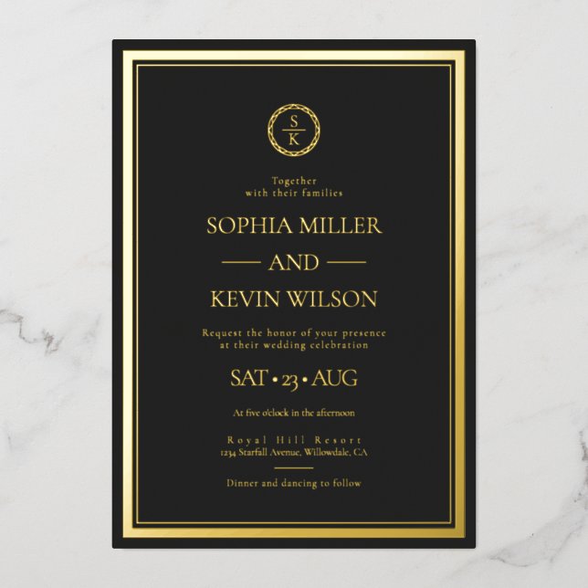 Invitation En Aluminium Mariage Monogramme moderne Black Gold Elegant (Recto)