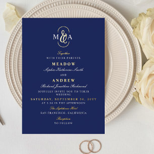 Invitation En Aluminium Mariage Monogramme Typographie Ampersand Bleu Or