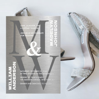 Invitation En Aluminium Mariage Monogramme Typographique Métallisé Argent