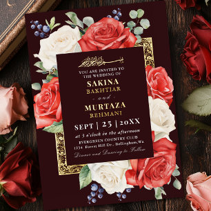 Invitation En Aluminium Mariage Musulman Bourguignon Floral Rouge et Blanc