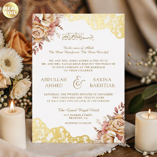 Invitation En Aluminium Mariage Musulman Code QR Crème Floral Broderie Or