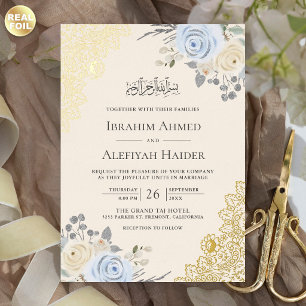Invitation En Aluminium Mariage Musulman Crème Douce Floral Doré Brodé