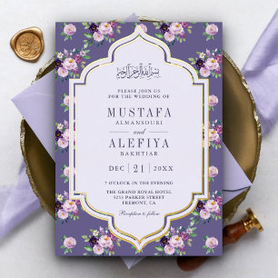 Invitation En Aluminium Mariage Musulman Floral Pourpre Pervenche Or