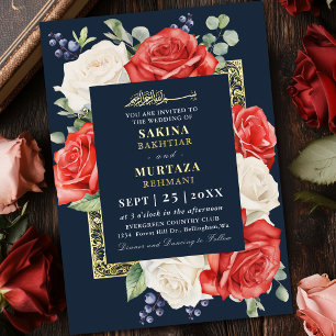 Invitation En Aluminium Mariage Musulman Floral Rouge et Blanc Bleu