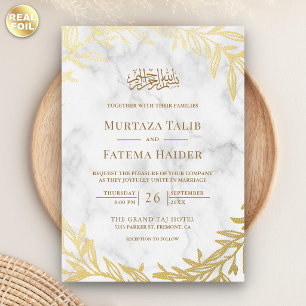Invitation En Aluminium Mariage Musulman Islamique Feuilles d'Or Marbre Bl
