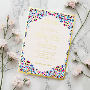 Invitation En Aluminium Mariage Musulman Motif Floral Ivoire Sarcelle Bleu