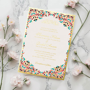Invitation En Aluminium Mariage Musulman Motif Floral Ivoire Sarcelle Bleu