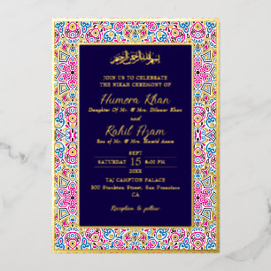 Invitation En Aluminium Mariage musulman orné d'or et de bleu de la marine