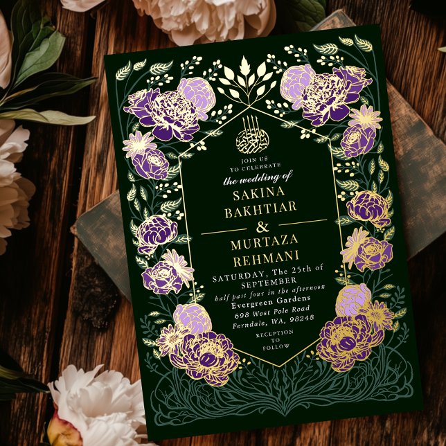 Invitation En Aluminium Mariage musulman vert et violet enchanté (Créateur téléchargé)