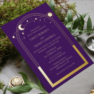 Invitation En Aluminium Mariage mystique violet or soleil lune étoiles