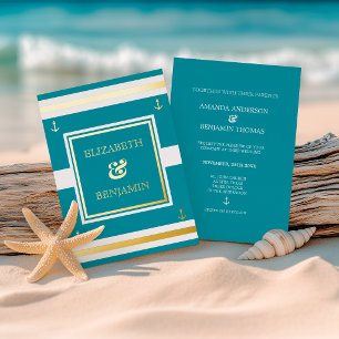 Invitation En Aluminium Mariage Nautique Or Côtier Blanc Rayures Sarcelle