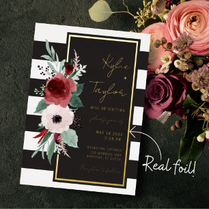 Invitation En Aluminium Mariage noir et blanc rayé Magenta Floral Or