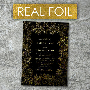 Invitation En Aluminium Mariage Noir Or Élégant Floral Feuille D'Or Réelle