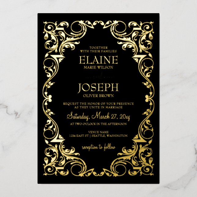 Invitation En Aluminium Mariage noir rustique élégant cadre orange (Recto)
