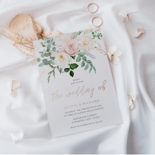 Invitation En Aluminium Mariage or Rose à fleurs de blanc et d'ivoire