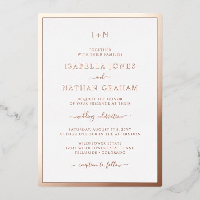 Invitation En Aluminium Mariage or Rose monogramme (Recto)