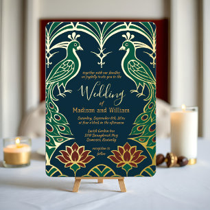 Invitation En Aluminium Mariage Paon et Lotus Élégant Déco Bleu Royal