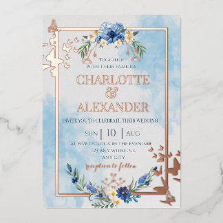 Invitation En Aluminium Mariage papillon élégant floral bleu en feuille mé