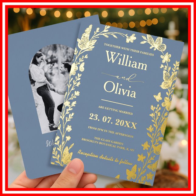 Invitation En Aluminium Mariage photo Dusty Blue Gold Fleur sauvage (Créateur téléchargé)