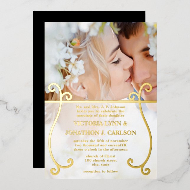 Invitation En Aluminium Mariage photo Elegant Gold Swirl (Recto/Verso)