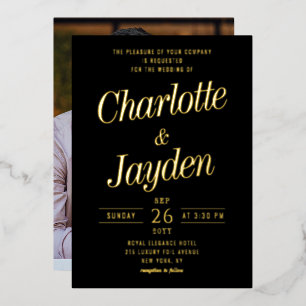 Invitation En Aluminium Mariage Photo Élégant Noir et Or