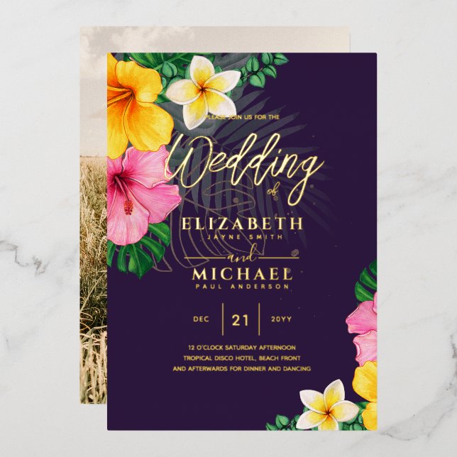 Invitation En Aluminium Mariage PHOTO Gold Disco Tropical Moderne (Recto/Verso)