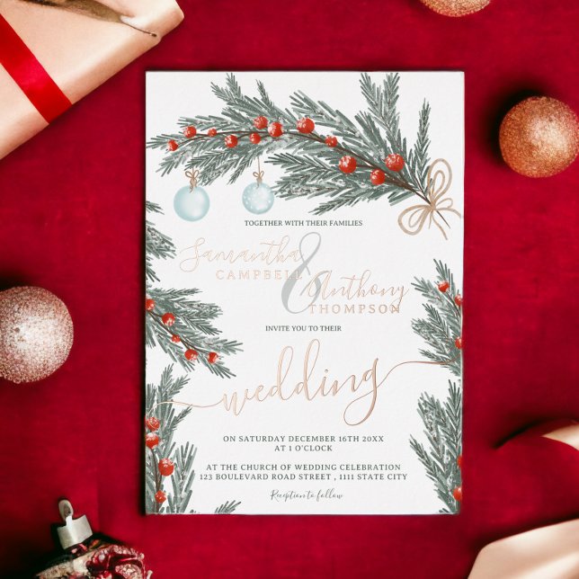 Invitation En Aluminium Mariage photo hiver de Noël de pin vert (Green pine Christmas winter photo wedding Foil Invitation)