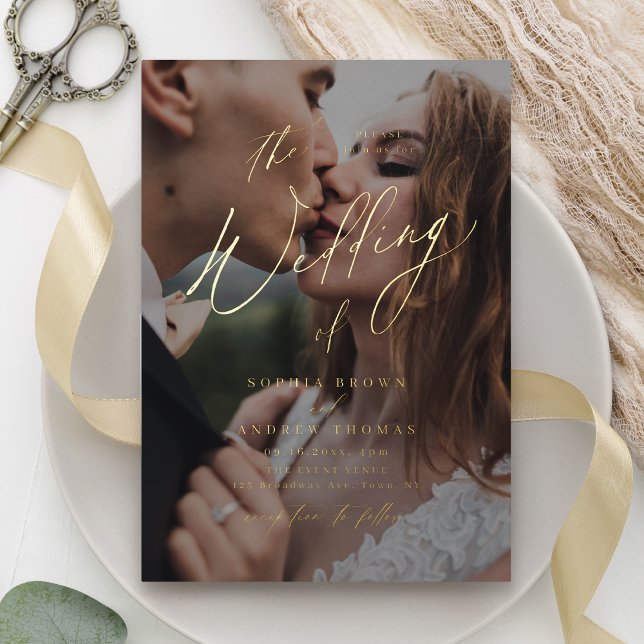 Invitation En Aluminium Mariage photo miniature Gold élégant et moderne (Gold elegant modern script minimal photo wedding foil invitation)