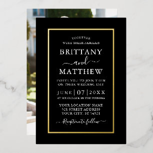 Invitation En Aluminium Mariage photo moderne élégant Black Gold