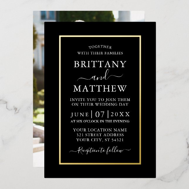 Invitation En Aluminium Mariage photo moderne élégant Black Gold (Recto/Verso)