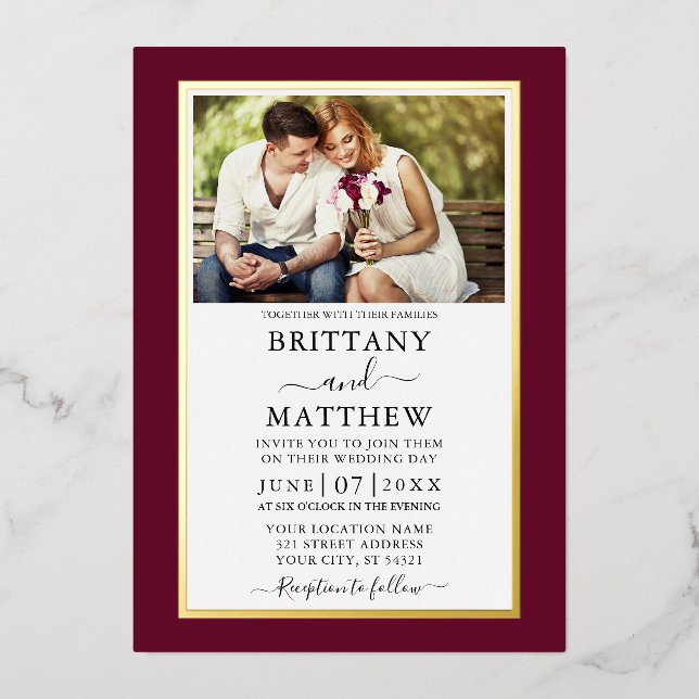 Invitation En Aluminium Mariage photo moderne Elégant Bourgogne Or (Recto)