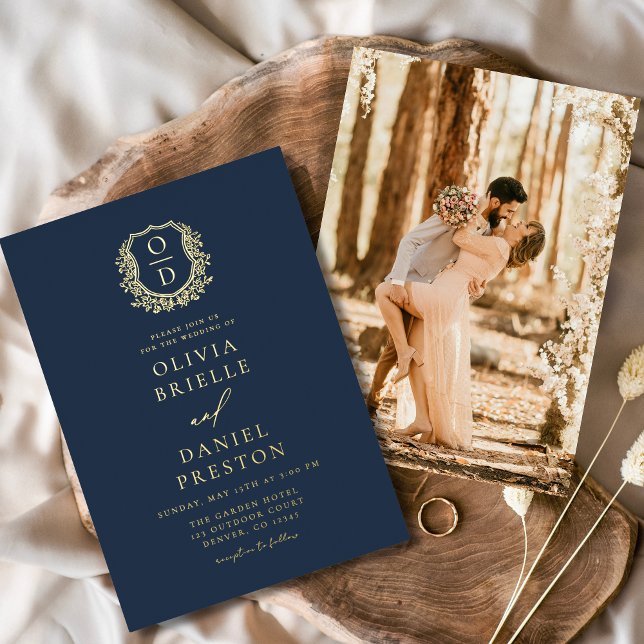 Invitation En Aluminium Mariage photo Monogramme de la Marine Blue Gold (Créateur téléchargé)