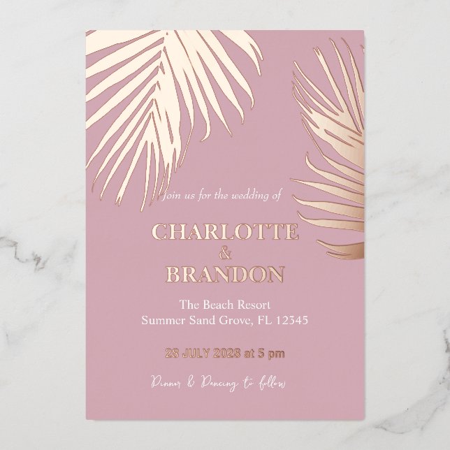 Invitation En Aluminium Mariage Pink Gold Tropical Palm Leaf (Recto)