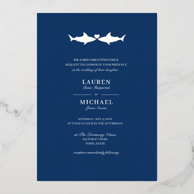Invitation En Aluminium Mariage Requin Feuille d'Argent (Recto)