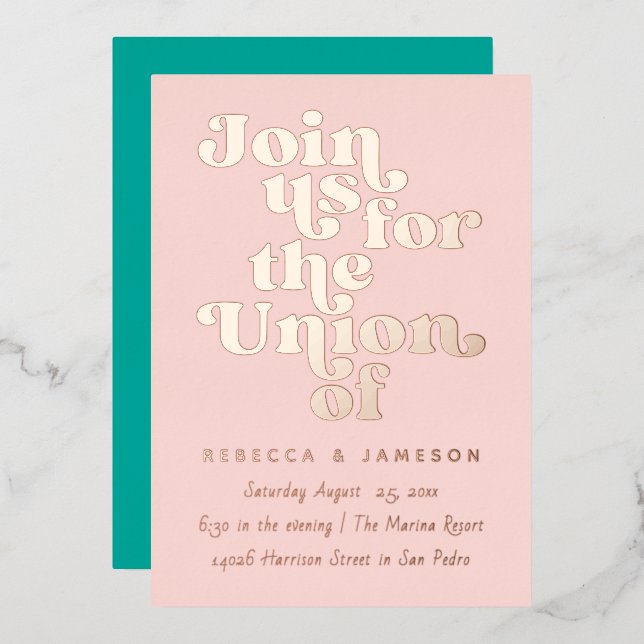 Invitation En Aluminium Mariage rétro Union Blush Rose Turquoise (Recto/Verso)