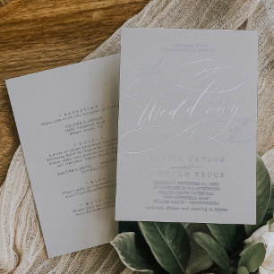 Invitation En Aluminium Mariage Romantique Argenté Recto Verso avec Feuill
