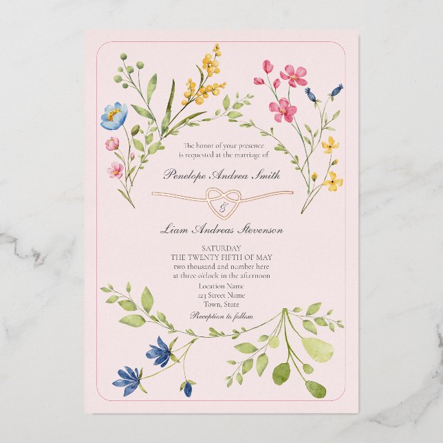 Invitation En Aluminium Mariage rose Fleur sauvage Boho (Recto)