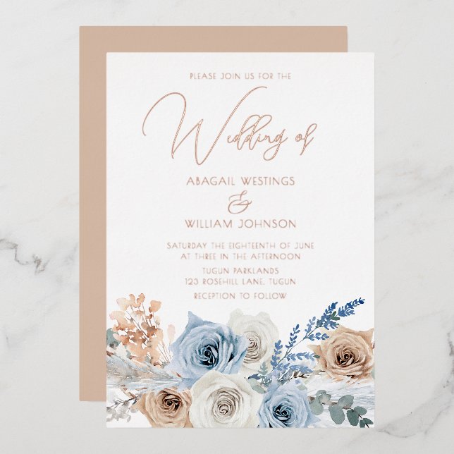 Invitation En Aluminium Mariage rose Gold Foil Boho Blue (Recto/Verso)