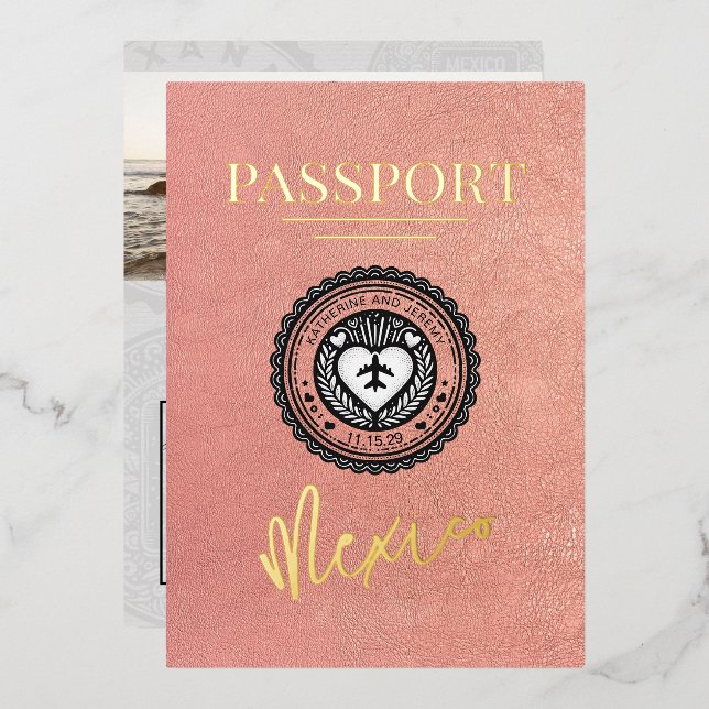 Invitation En Aluminium Mariage rose Gold Mexico Passport (Recto/Verso)